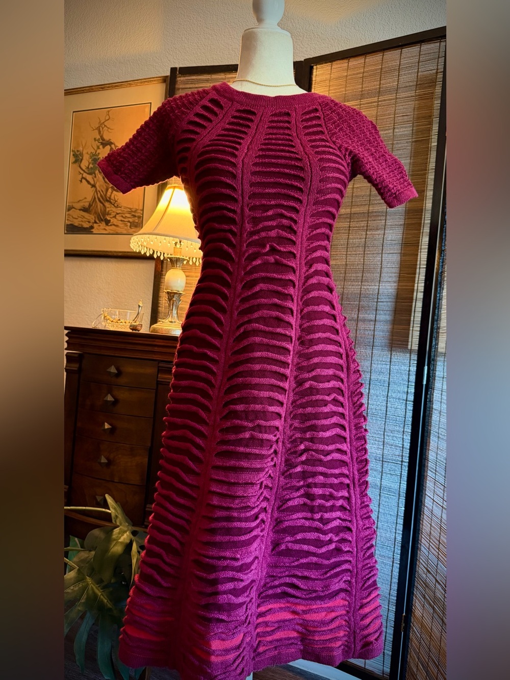 Aine 100% Lambswool Sculptural Openwork Knit Dress – M/L – Made in Ireland